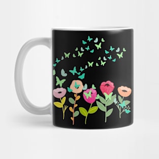 Butterflies fly around the colorful flowers Mug